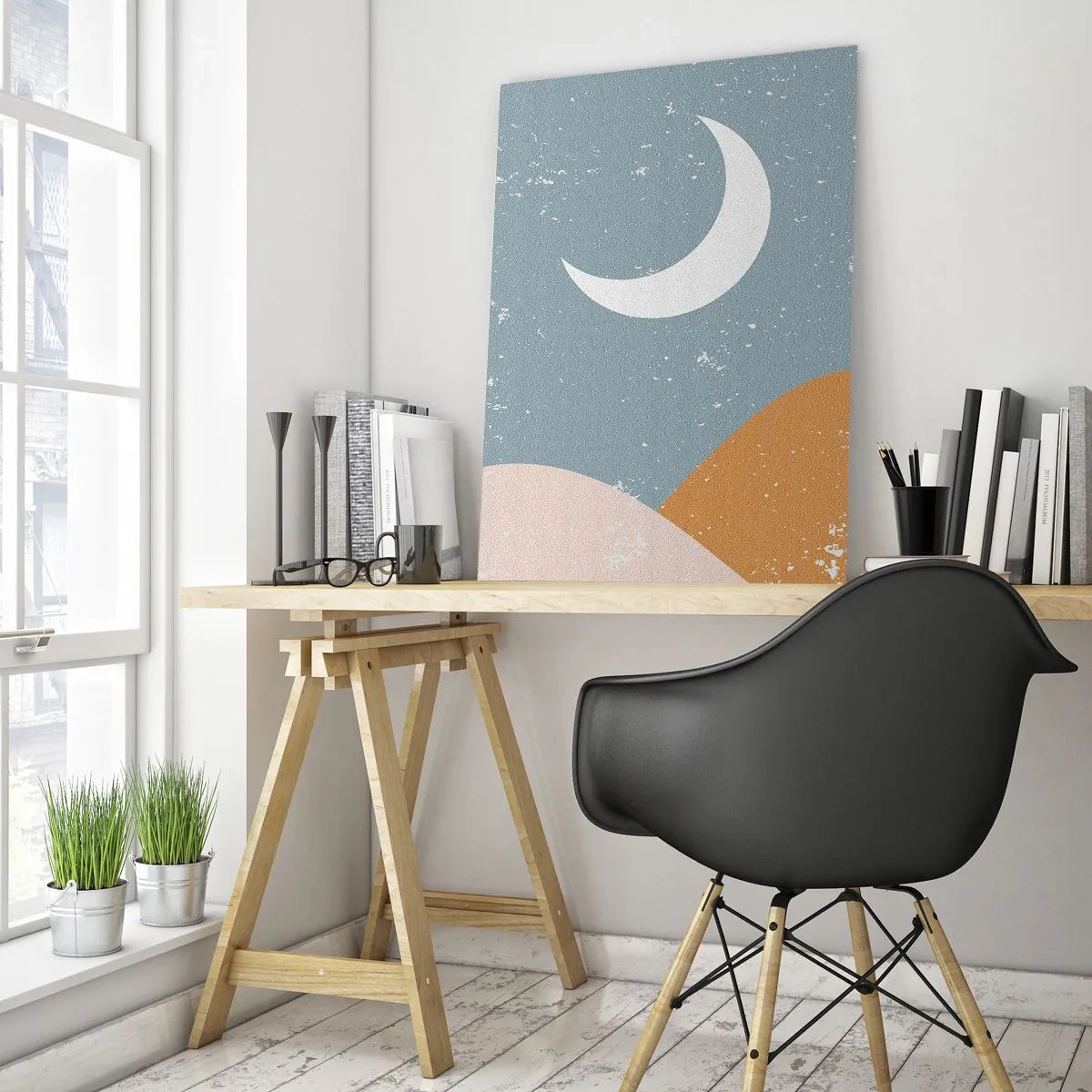 Obraz na szkle - Półksiężyc na błękitnym tle z abstrakcyjnymi wzgórzami - 80x120cm - Cud wielu nocy - Nowoczesna dekoracja ścienna do salonu i sypialni ARTTOR