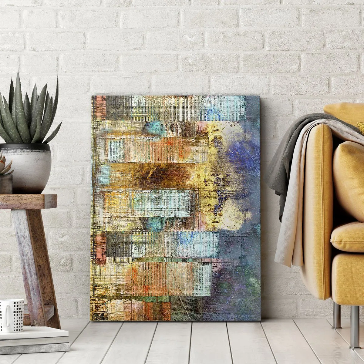 Obraz na płótnie - Abstrakcyjne wieżowce w industrialnej stylistyce - 80x120cm - Słoneczna metropolia - Nowoczesna dekoracja ścienna do salonu i sypialni ARTTOR