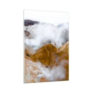 Obraz na szkle - Górski krajobraz z parą wodną w surowym klimacie - 80x120cm - Surowa uroda Islandii - Nowoczesna dekoracja ścienna do salonu i sypialni ARTTOR