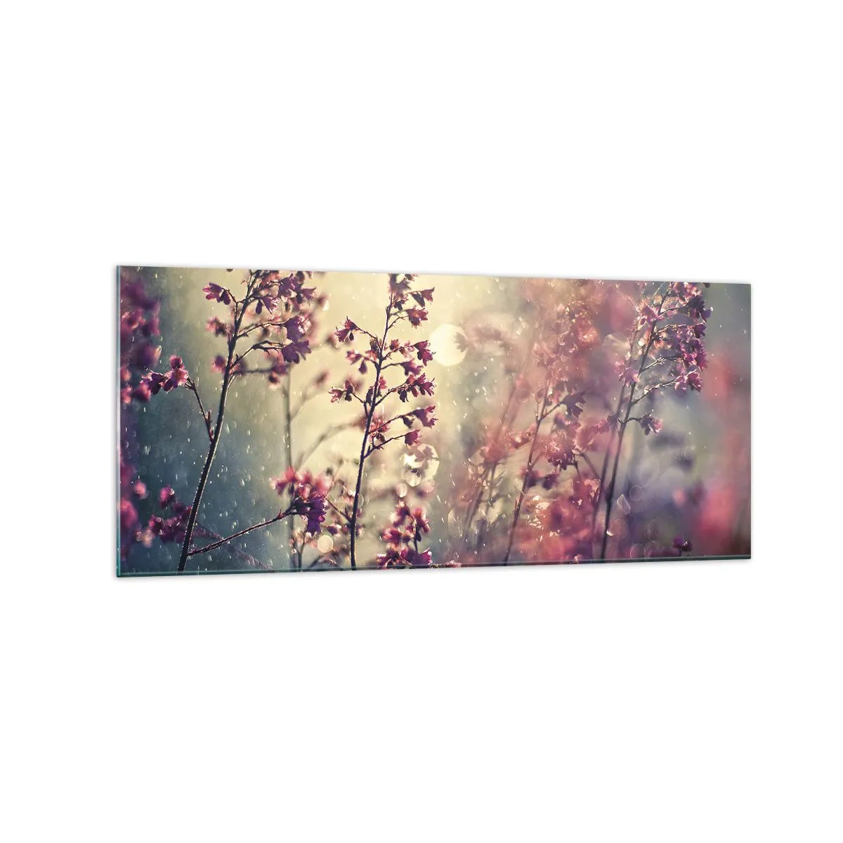 Obraz na szkle - Kwiaty w świetle słońca na tle natury - 120x50cm - Tajemniczy ogród - Nowoczesna dekoracja ścienna do salonu i sypialni ARTTOR