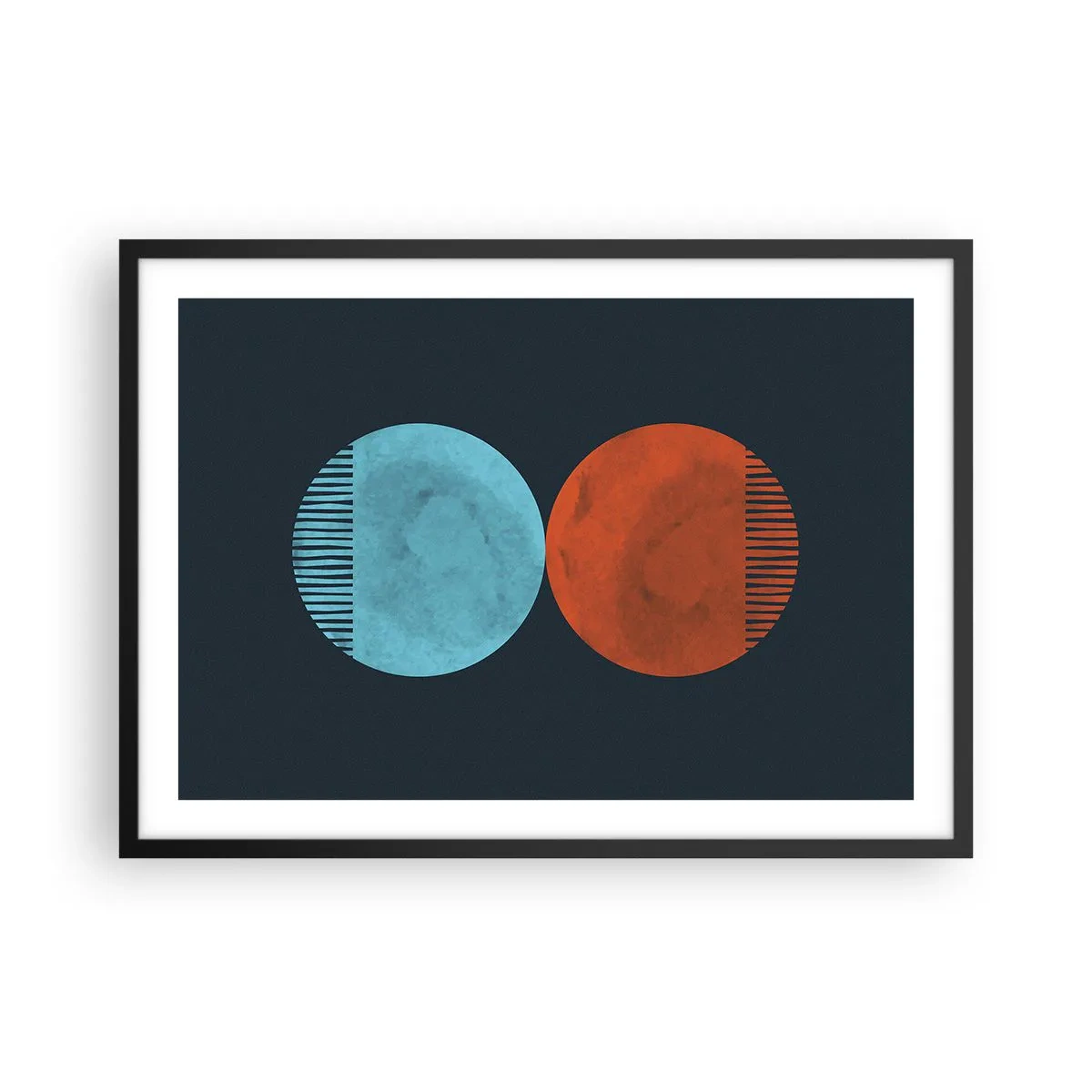 Plakat w czarnej ramie - Minimalistyczne dwa koła w kolorach niebieskim i pomarańczowym - 70x50cm - Tylko geometria? - Nowoczesna dekoracja ścienna do salonu i sypialni ARTTOR
