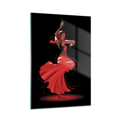 Obraz na szkle - Tancerka flamenco w czerwonej sukni na czarnym tle - 50x70cm - Ognisty duch flamenco - Nowoczesna dekoracja ścienna do salonu, kuchni i sypialni ARTTOR