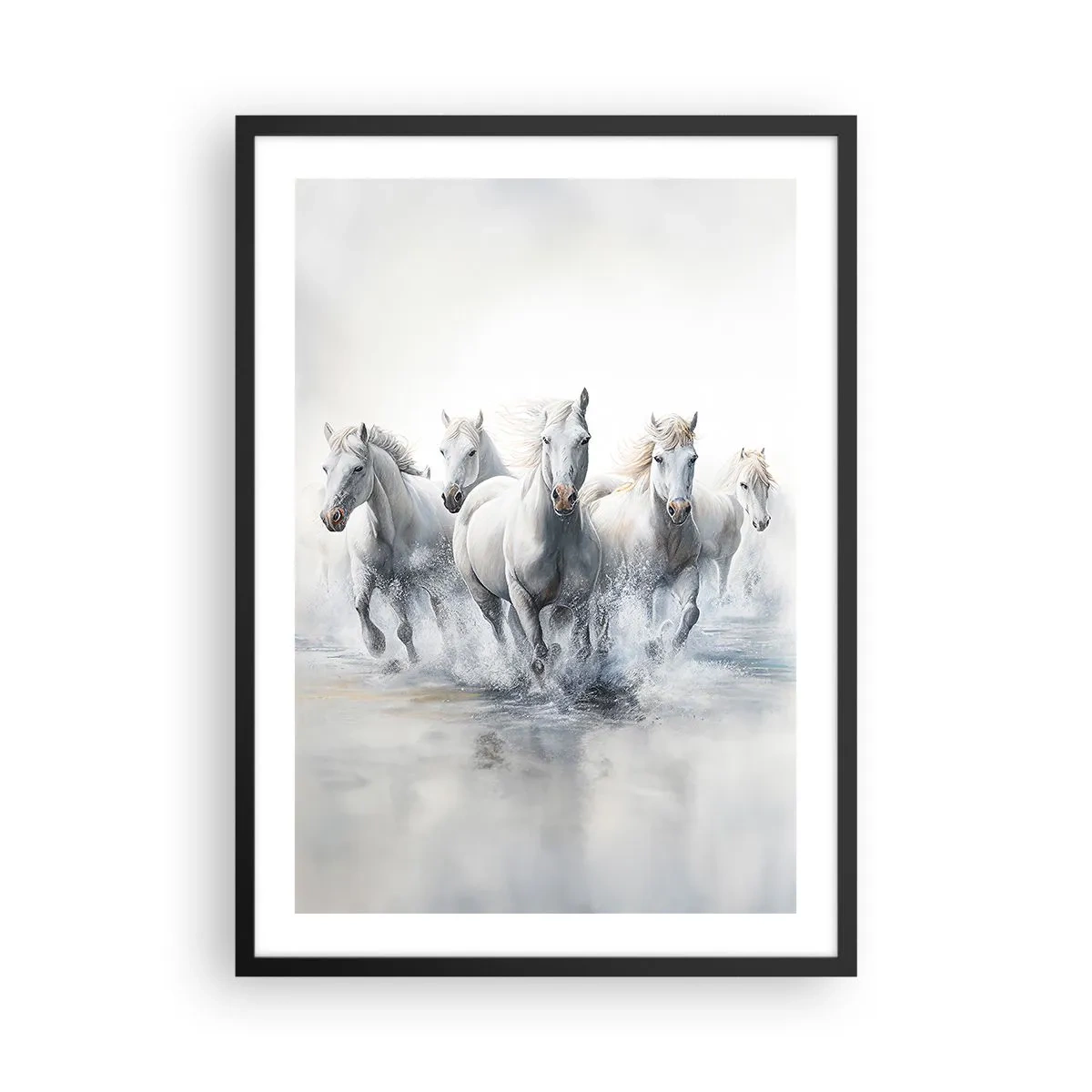 Plakat w czarnej ramie - Białe konie galopujące przez wodę w dynamicznej scenerii - 50x70cm - Biała magia - Nowoczesna dekoracja ścienna do salonu i sypialni ARTTOR
