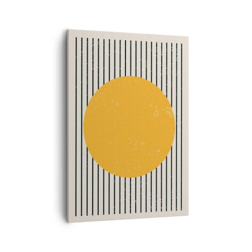 Obraz na płótnie - Geometryczna kompozycja z żółtym kołem na tle pionowych linii - 50x70cm - Siła prostoty - Nowoczesna dekoracja ścienna do salonu, kuchni i sypialni ARTTOR