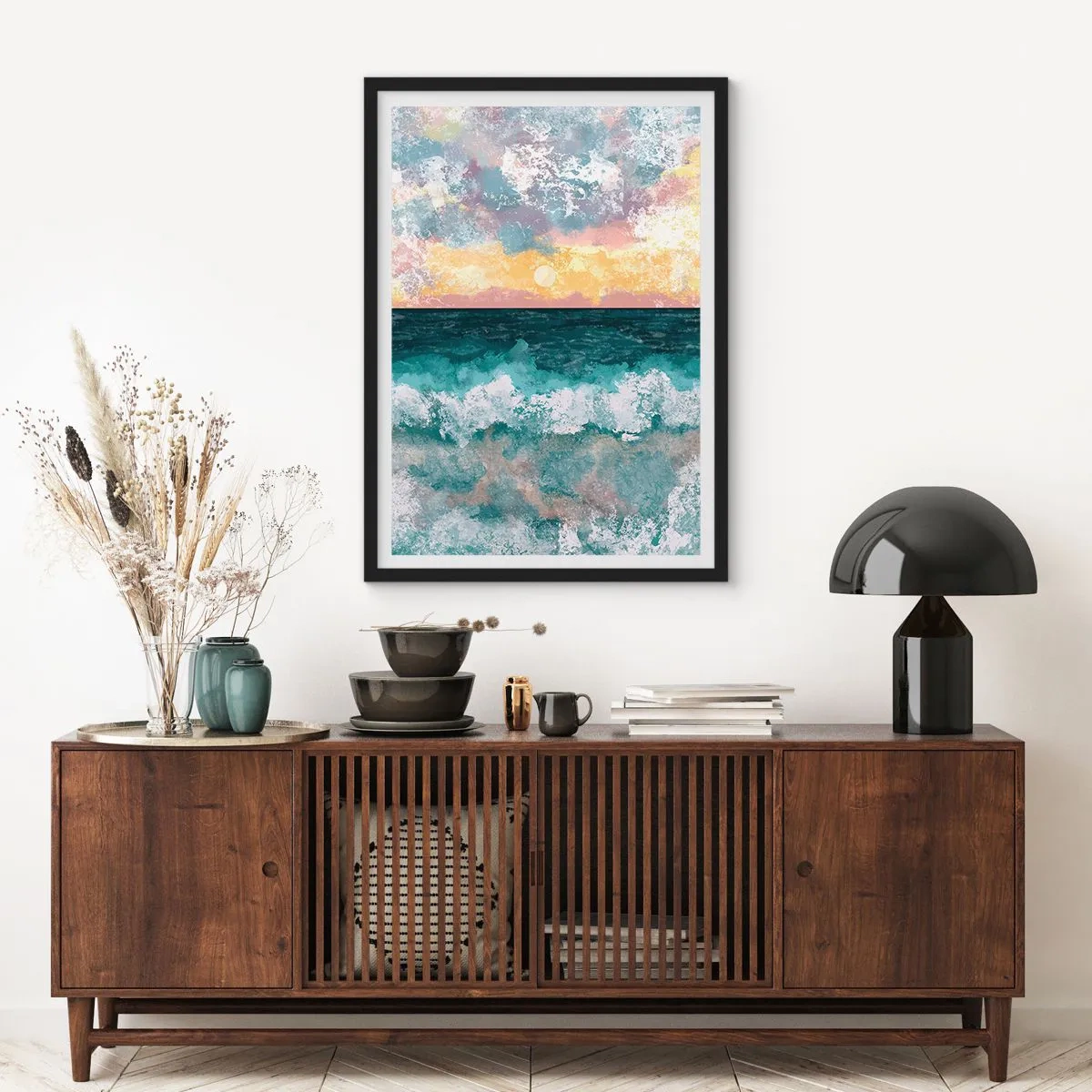 Plakat w czarnej ramie - Morskie fale i zachód słońca w akwarelowym stylu - 50x70cm - Woda, światło, powietrze - Nowoczesna dekoracja ścienna do salonu i sypialni ARTTOR