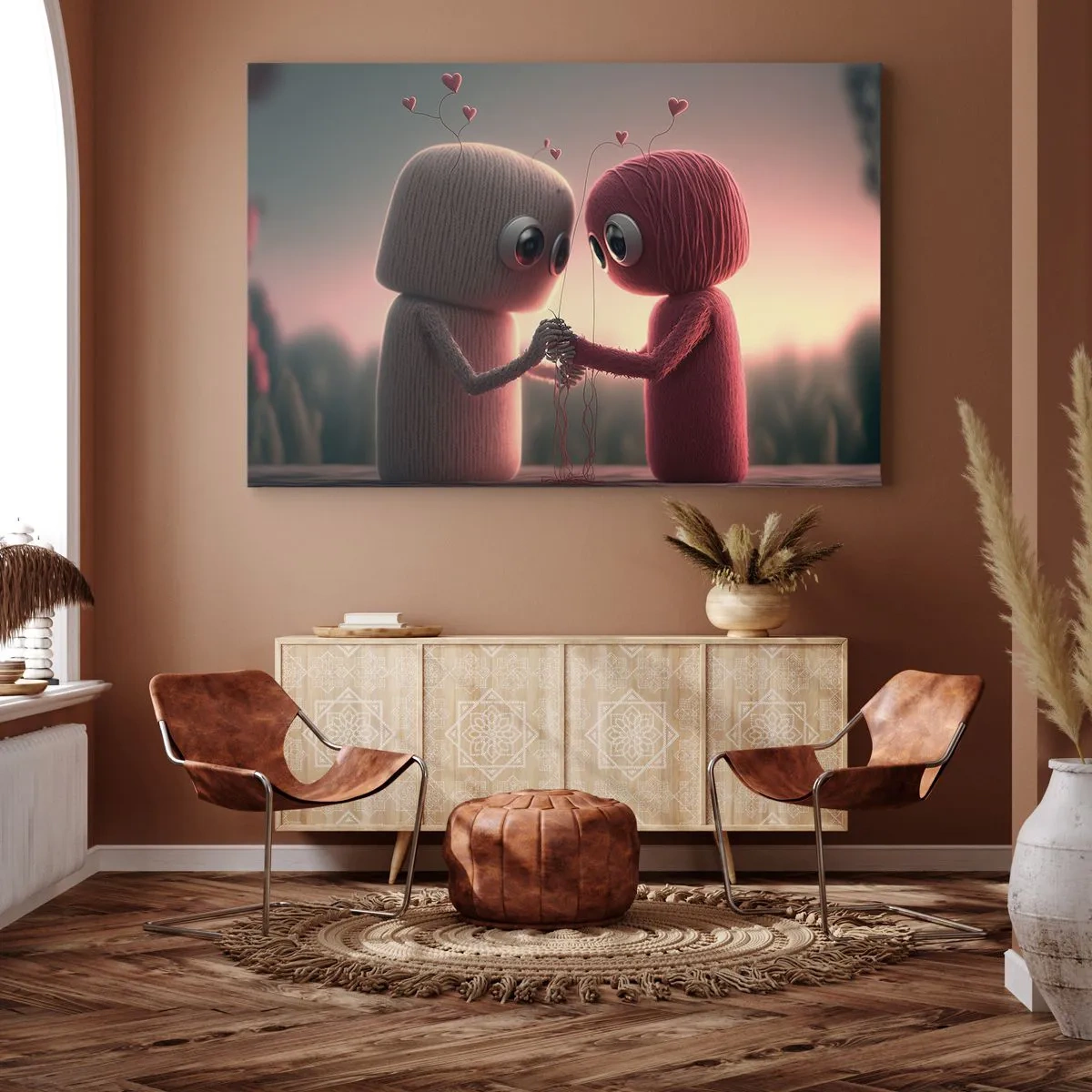 Obraz na płótnie - Postacie z włóczki w uroczej scenerii z sercami - 70x50cm - Każdemu wolno kochać - Nowoczesna dekoracja ścienna do salonu i sypialni ARTTOR