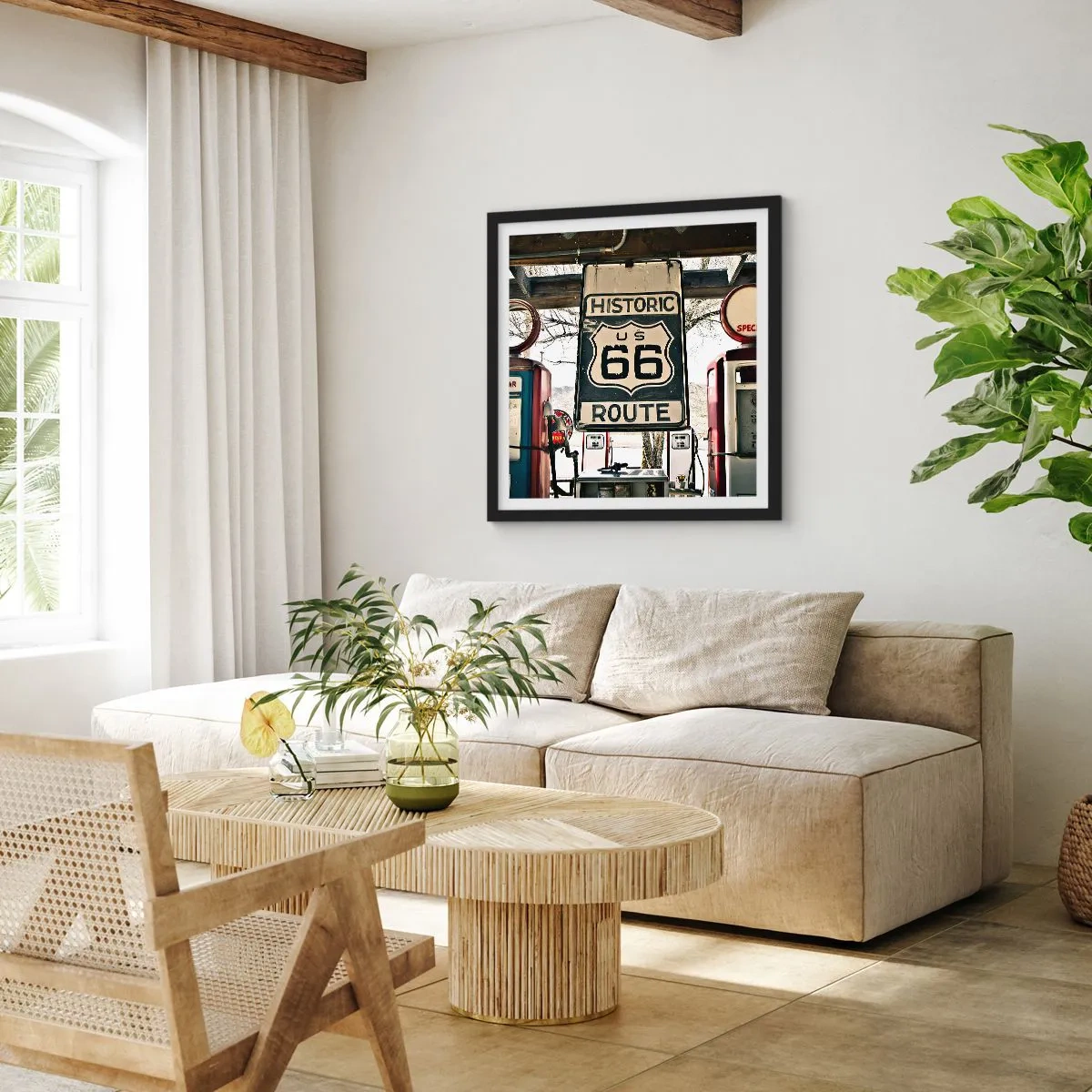 Plakat w czarnej ramie - Amerykańska retro podróż - 60x60 cm