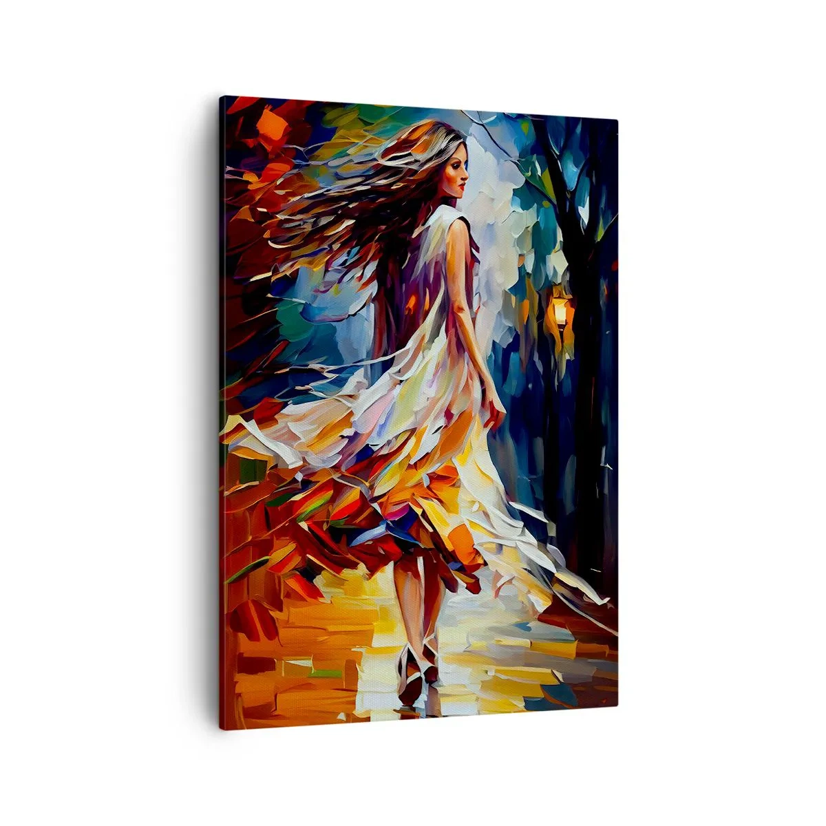 Obraz na płótnie - Kobieta w zwiewnej sukni spacerująca nocą po parku w impresjonistycznym stylu - 50x70cm - Jesienna dziewczyna - Nowoczesna dekoracja ścienna do salonu, kuchni i sypialni ARTTOR