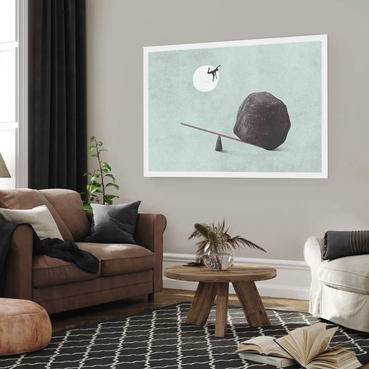 Plakat - Symboliczna scena z postacią i balansem na tle jasnego nieba - 100x70cm - Spełnione marzenie - Nowoczesna dekoracja ścienna do salonu i sypialni ARTTOR