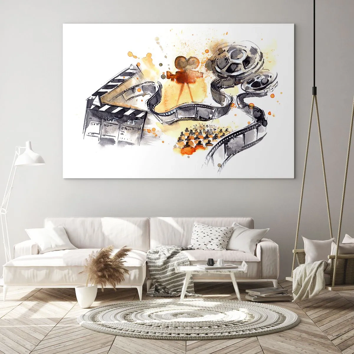 Obraz na szkle - Filmowa taśma i kamera w artystycznej kompozycji - 70x50cm - W krainie snów - Nowoczesna dekoracja ścienna do salonu i sypialni ARTTOR