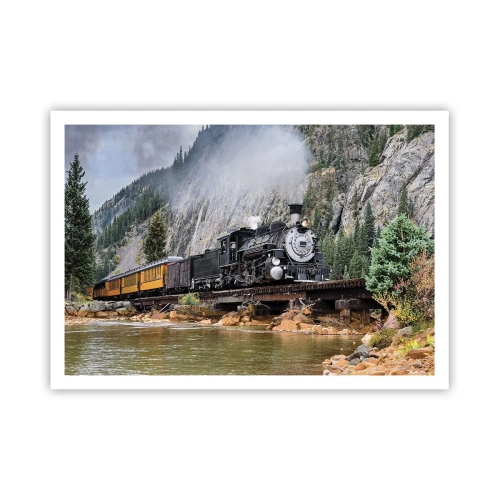 Plakat - Parowóz na moście w malowniczym górskim krajobrazie - 100x70cm - A dokąd to? Dokąd? - Nowoczesna dekoracja ścienna do salonu i sypialni ARTTOR