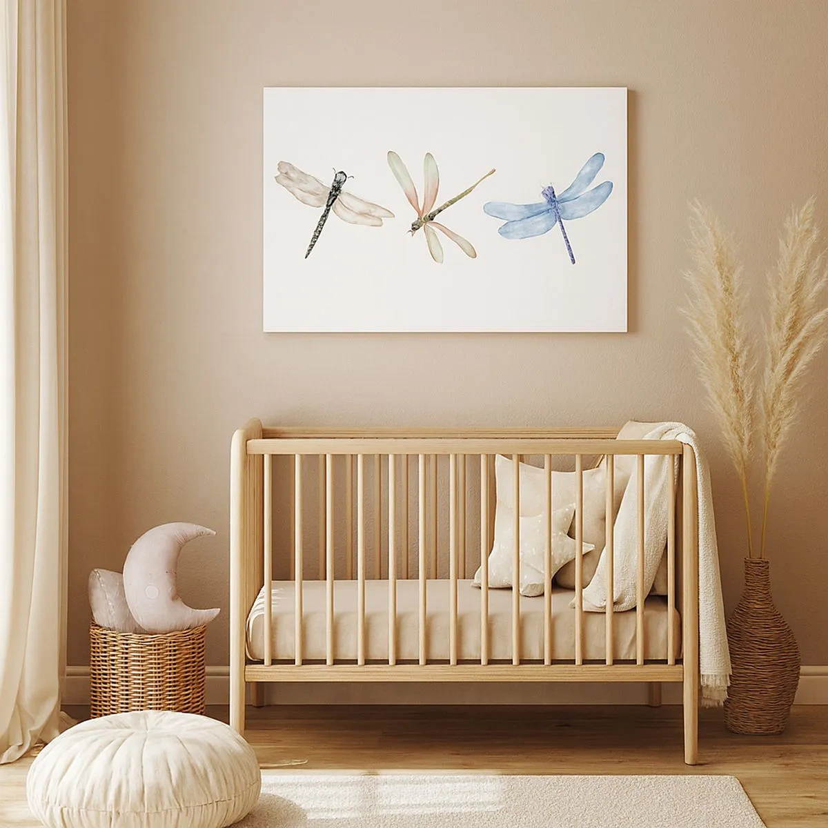 Obraz na płótnie - Trzy ważki w delikatnych pastelowych barwach - 70x50cm - Ważki nieważkie - Nowoczesna dekoracja ścienna do salonu i sypialni ARTTOR