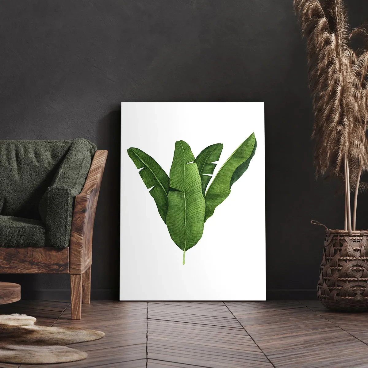 Obraz na płótnie - Akwarelowa ilustracja liści bananowca na jasnym tle - 50x70cm - Zielona symetria - Nowoczesna dekoracja ścienna do salonu, kuchni i sypialni ARTTOR
