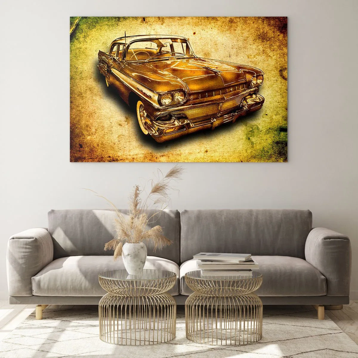 Obraz na szkle - Zabytkowy samochód na tle w stylu vintage - 70x50cm - Nieprzemijające piękno klasyki - Nowoczesna dekoracja ścienna do salonu i sypialni ARTTOR