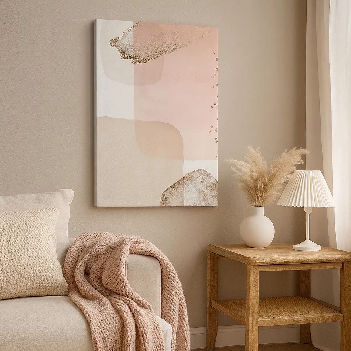 Obraz na płótnie - Abstrakcyjne plamy w odcieniach beżu, różu i złota - 50x70cm - Spojrzenie przez kolor - Nowoczesna dekoracja ścienna do salonu, kuchni i sypialni ARTTOR