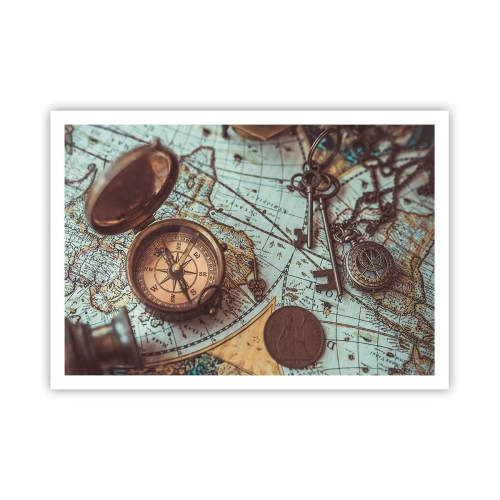Plakat - Kompozycja z kompasem, kluczami i starą mapą w stylu retro - 100x70cm - Dla poszukiwacza przygód - Nowoczesna dekoracja ścienna do salonu i sypialni ARTTOR