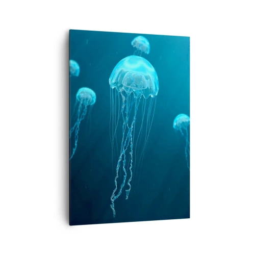 Obraz na płótnie - Meduzy unoszące się w głębinach oceanu w niebieskiej tonacji - 70x100cm - Oceaniczny taniec - Nowoczesna dekoracja ścienna do salonu i sypialni ARTTOR