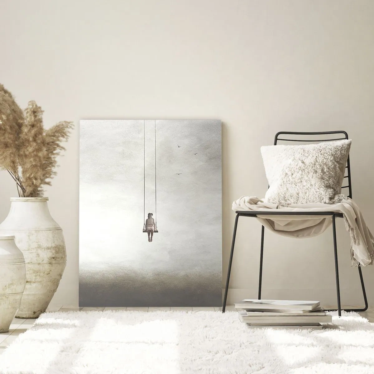Obraz na szkle - Postać na huśtawce zawieszonej w przestrzeni - 80x120cm - Dziecko w nas - Nowoczesna dekoracja ścienna do salonu i sypialni ARTTOR