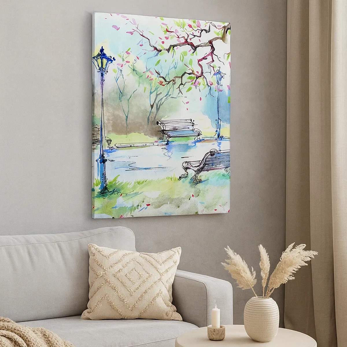 Obraz na płótnie - Akwarelowy park z ławkami, latarniami i stawem wiosną - 50x70cm - Czar parkowej ciszy - Nowoczesna dekoracja ścienna do salonu, kuchni i sypialni ARTTOR