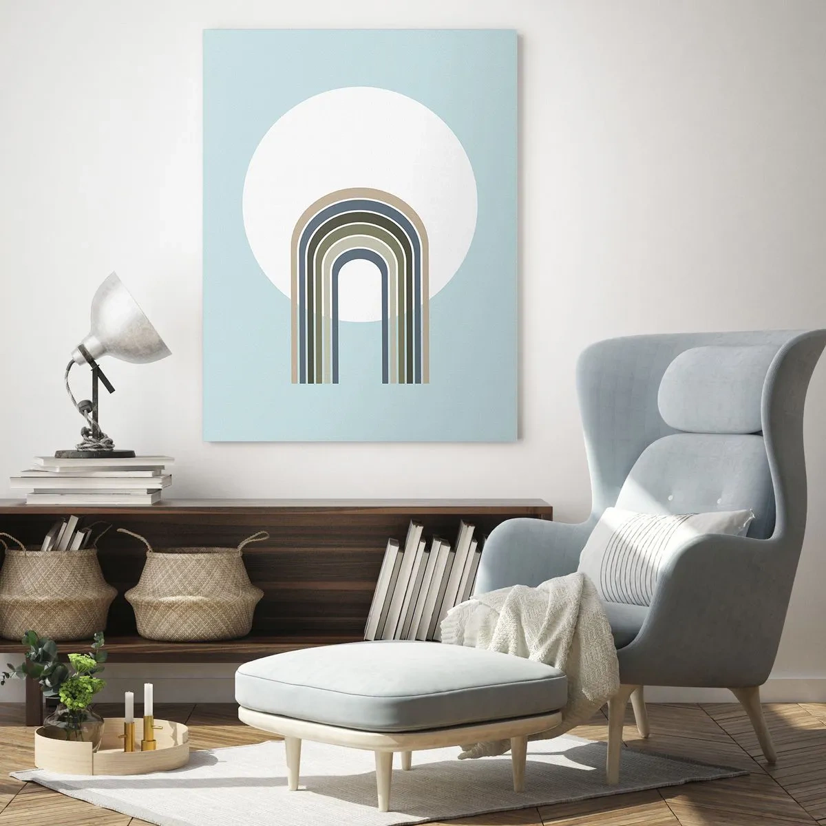 Obraz na szkle - Abstrakcyjna kompozycja z łukami w delikatnych odcieniach niebieskiego i zieleni - 50x70cm - Nieodparte przyciąganie - Nowoczesna dekoracja ścienna do salonu, kuchni i sypialni ARTTOR