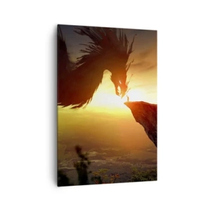 Obraz na płótnie - Smok i człowiek na skale w blasku zachodzącego słońca - 70x100cm - Pogromca smoka - Nowoczesna dekoracja ścienna do salonu i sypialni ARTTOR