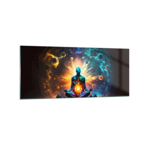 Obraz na szkle - Postać w medytacji otoczona kosmiczną aurą - 120x50cm - Kosmiczny spokój - Nowoczesna dekoracja ścienna do salonu i sypialni ARTTOR