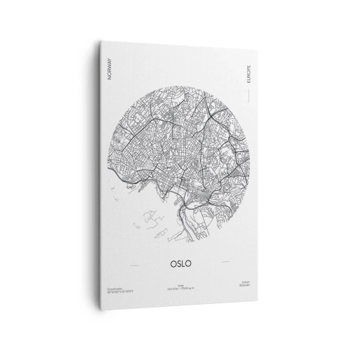 Obraz na płótnie - Mapa Oslo w minimalistycznym, czarno-białym stylu - 80x120cm - Anatomia Oslo - Nowoczesna dekoracja ścienna do salonu i sypialni ARTTOR