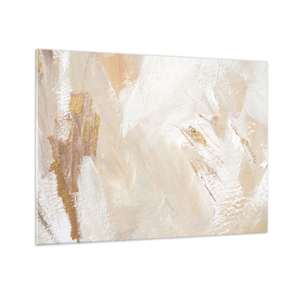 Obraz na szkle - Beżowo-biała abstrakcja z akcentami złota - 70x50cm - Pastelowa kompozycja - Nowoczesna dekoracja ścienna do salonu i sypialni ARTTOR