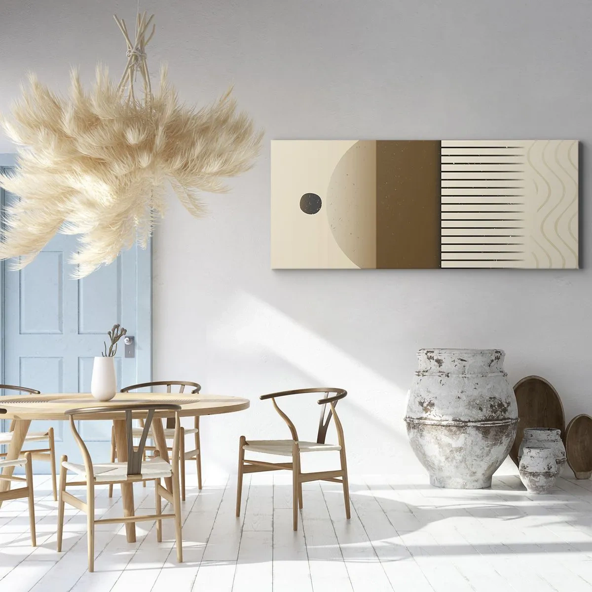 Obraz na płótnie - Abstrakcyjna kompozycja geometryczna w beżach i brązach - 160x50cm - Różne stany - Nowoczesna dekoracja ścienna do salonu i sypialni ARTTOR
