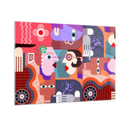 Obraz na szkle - Abstrakcyjna kompozycja twarzy i kształtów w intensywnych barwach - 100x70cm - Oko w oko - Nowoczesna dekoracja ścienna do salonu, kuchni i sypialni ARTTOR