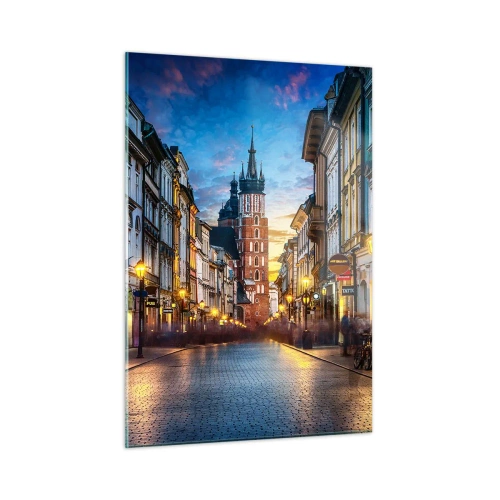Obraz na szkle - Wieczorny widok na starówkę z kościołem w tle - 50x70cm - Krakowski czar - Nowoczesna dekoracja ścienna do salonu, kuchni i sypialni ARTTOR