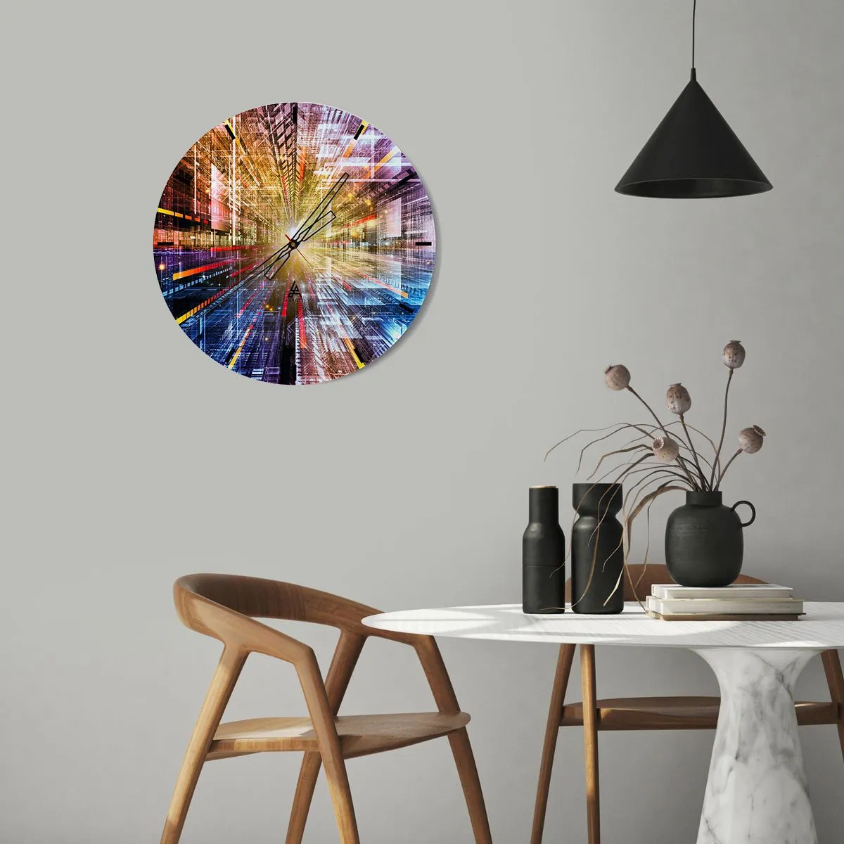 Zegar ścienny - Abstrakcyjna wizja miasta z efektami świetlnymi i kolorami - 30x30cm - Świetlny korytarz - Nowoczesna dekoracja ścienna do salonu, kuchni i sypialni ARTTOR