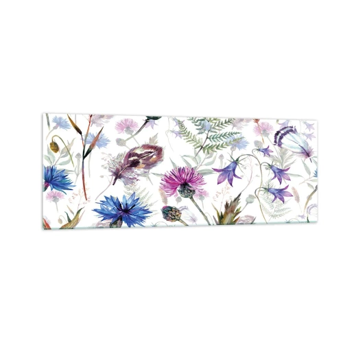 Obraz na szkle - Akwarelowe kwiaty i zioła na białym tle w stylu zielnika - 140x50cm - Polski zielnik - Nowoczesna dekoracja ścienna do salonu i sypialni ARTTOR