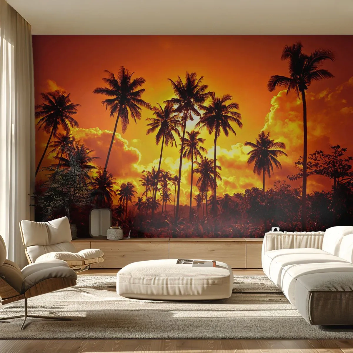 Fototapeta Premium Sand - Palmy na tle złocistego nieba o zachodzie słońca - 100x70cm - Płoną góry, płoną lasy - Nowoczesna dekoracja ścienna do salonu, kuchni i sypialni ARTTOR