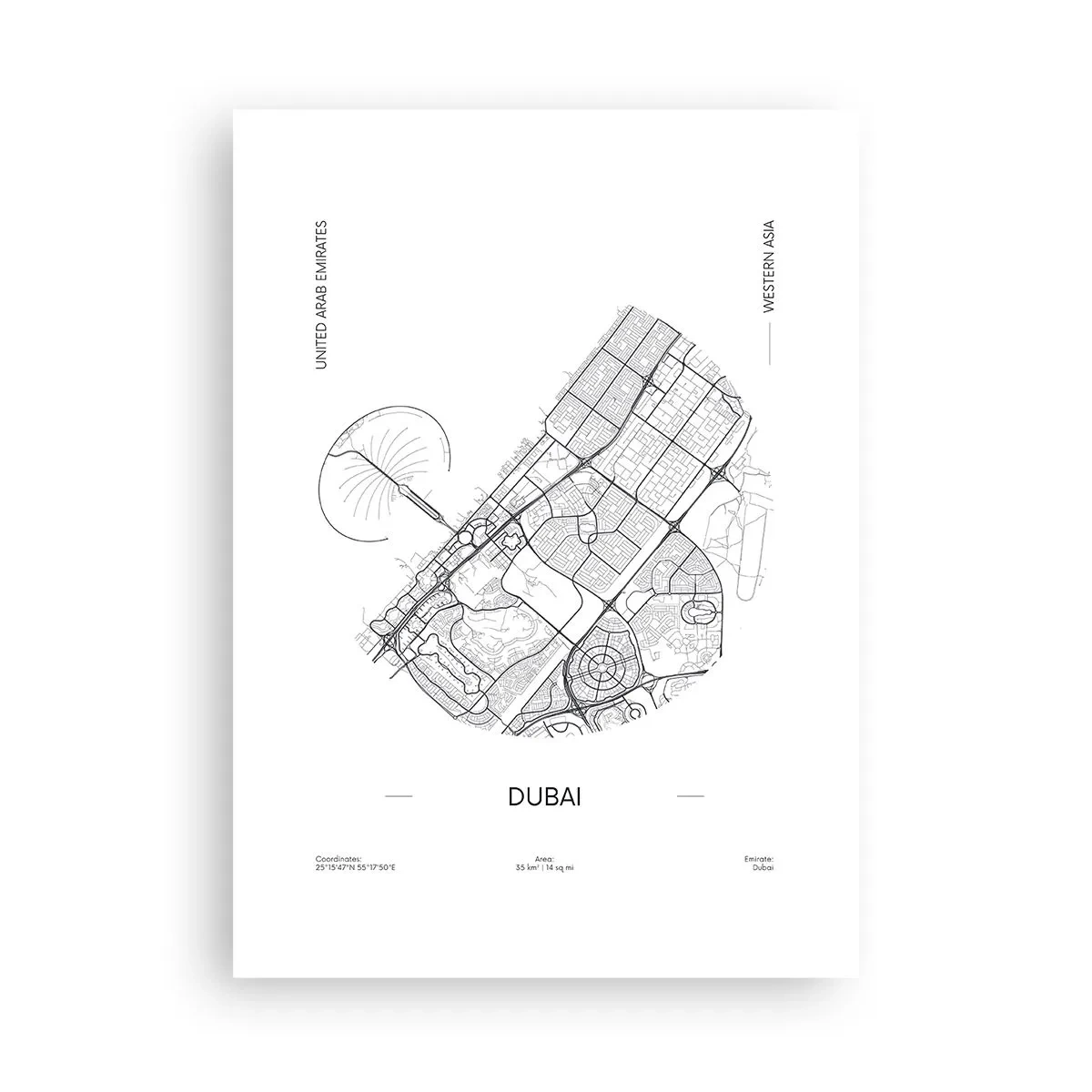 Plakat - Minimalistyczna mapa Dubaju w czarno-białym stylu - 50x70cm - Anatomia Dubaju - Nowoczesna dekoracja ścienna do salonu, kuchni i sypialni ARTTOR