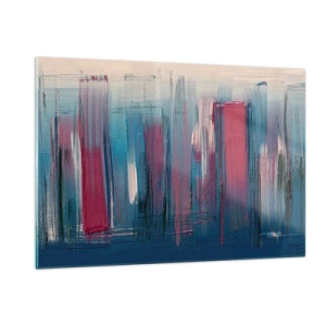 Obraz na szkle - Wertykalne pociągnięcia pędzla w czerwieni i błękicie na tle beżu - 120x80cm - Kompozycja wertykalna w błękicie i czerwieni - Nowoczesna dekoracja ścienna do salonu, kuchni i sypialni ARTTOR