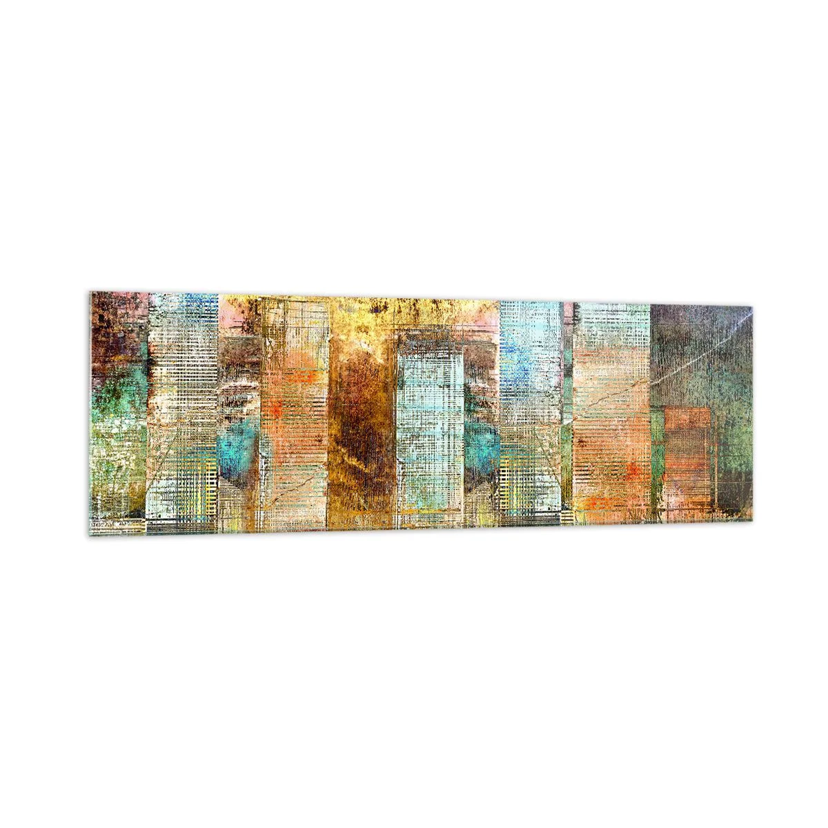 Obraz na szkle - Abstrakcyjne wieżowce w industrialnej stylistyce - 160x50cm - Słoneczna metropolia - Nowoczesna dekoracja ścienna do salonu i sypialni ARTTOR