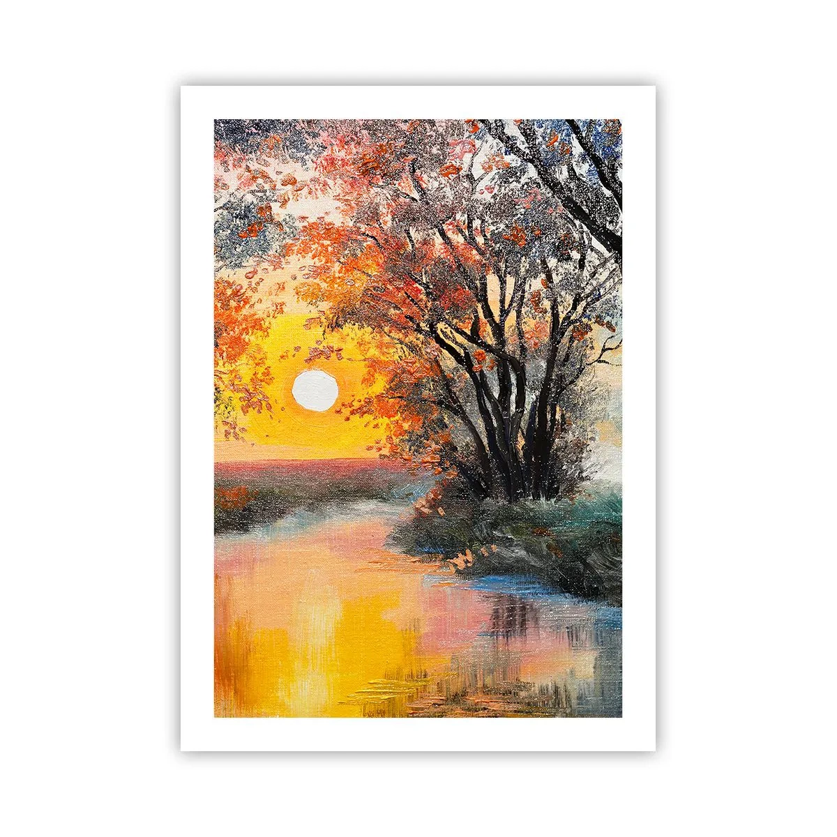 Plakat - Zachód słońca nad rzeką z drzewami - 50x70cm - Jesienne klimaty - Nowoczesna dekoracja ścienna do salonu, kuchni i sypialni ARTTOR