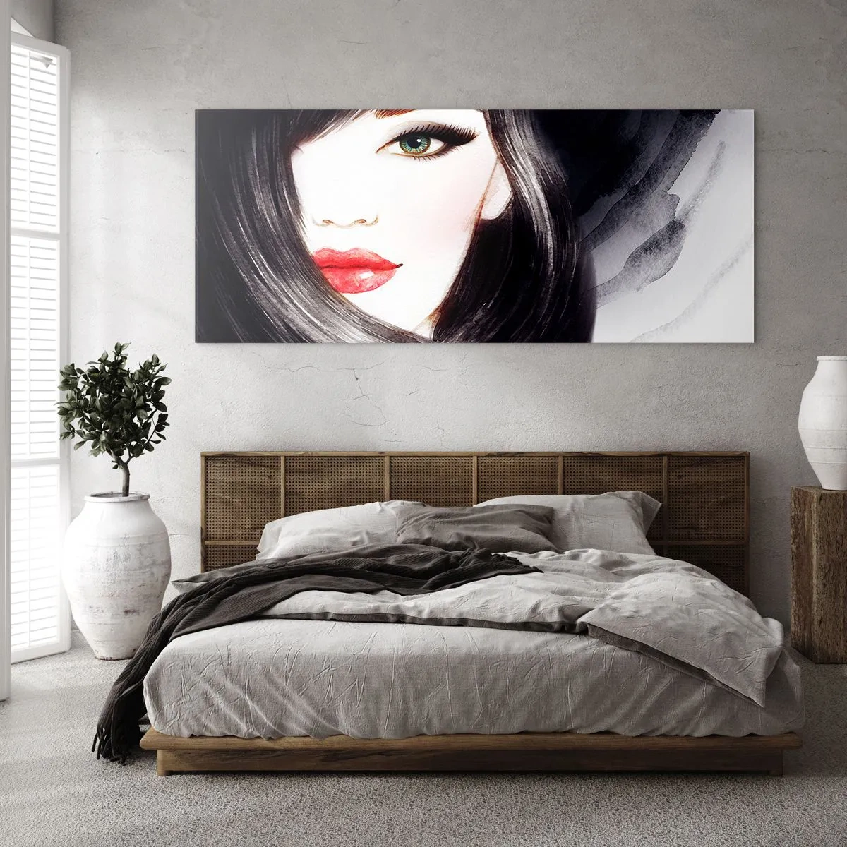 Obraz na szkle - Portret kobiety z wyrazistym spojrzeniem i czerwonymi ustami - 140x50cm - Szafirowe spojrzenie - Nowoczesna dekoracja ścienna do salonu i sypialni ARTTOR