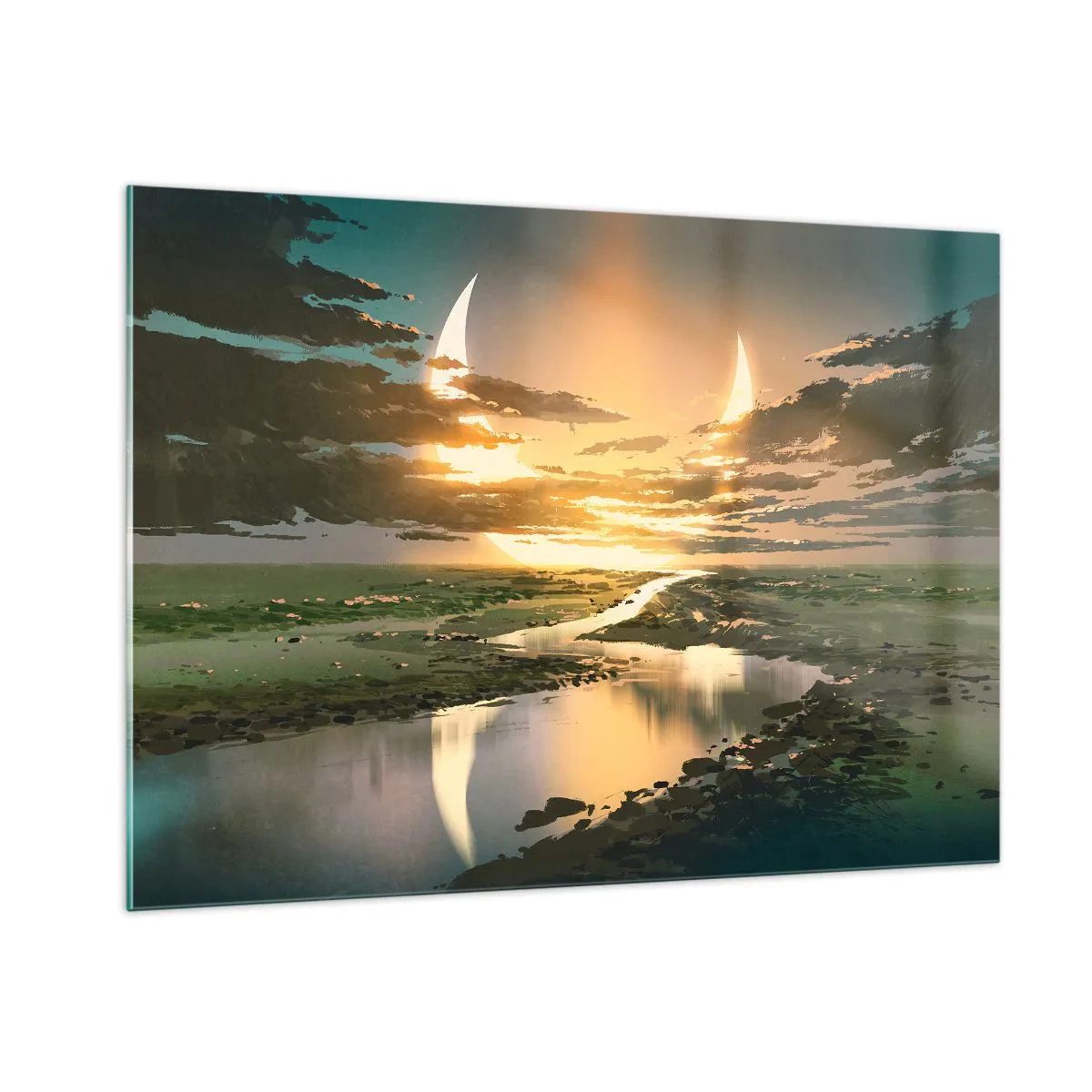 Obraz na szkle - Fantastyczny krajobraz z podwójnym księżycem nad rzeką - 100x70cm - Gdzieś w odległej galaktyce - Nowoczesna dekoracja ścienna do salonu, kuchni i sypialni ARTTOR