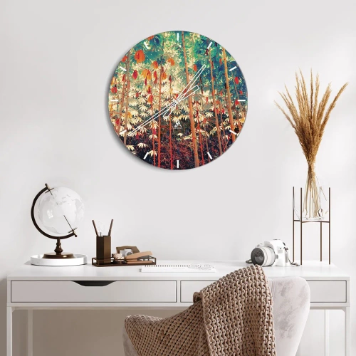 Zegar ścienny - Kolorowy las bambusowy w ciepłym świetle - 30x30cm - Tajemne życie liści - Nowoczesna dekoracja ścienna do salonu, kuchni i sypialni ARTTOR