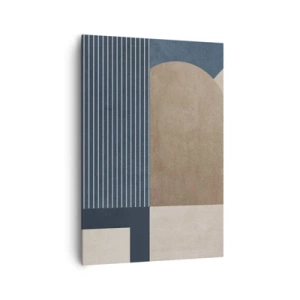 Obraz na płótnie - Geometryczne figury w odcieniach beżu i granatu z liniami - 70x100cm - Kompozycja prostoty i krągłości - Nowoczesna dekoracja ścienna do salonu i sypialni ARTTOR