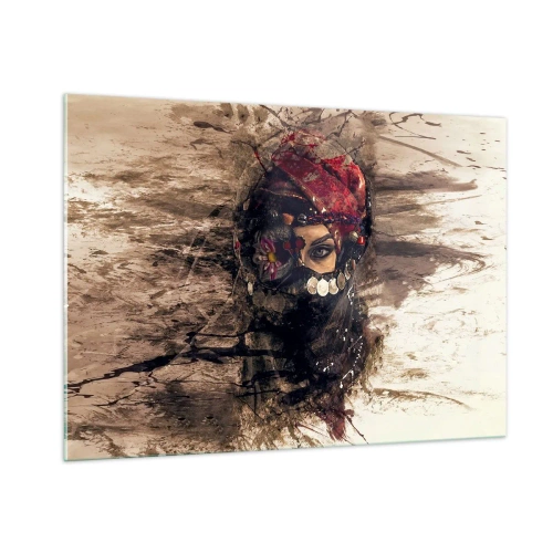 Obraz na szkle - Portret tajemniczej kobiety w czerwonym turbanie - 100x70cm - Co najmniej niepokojąca - Nowoczesna dekoracja ścienna do salonu, kuchni i sypialni ARTTOR