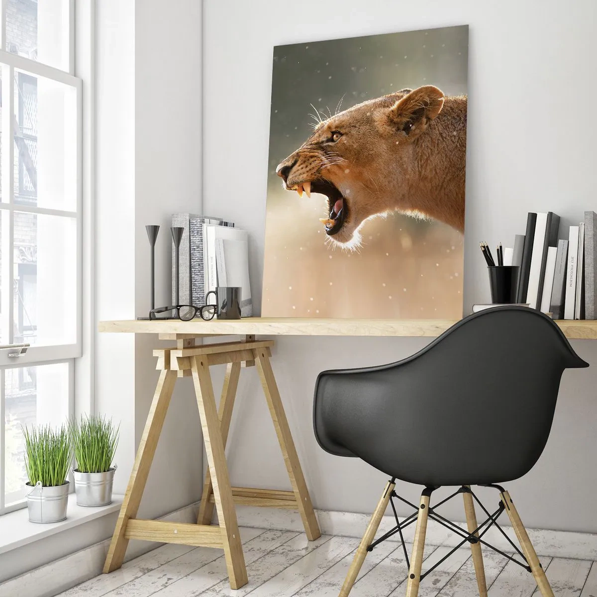 Obraz na szkle - Lew ryczący w promieniach słońca z bliska - 50x70cm - Spróbuj nie posłuchać - Nowoczesna dekoracja ścienna do salonu, kuchni i sypialni ARTTOR