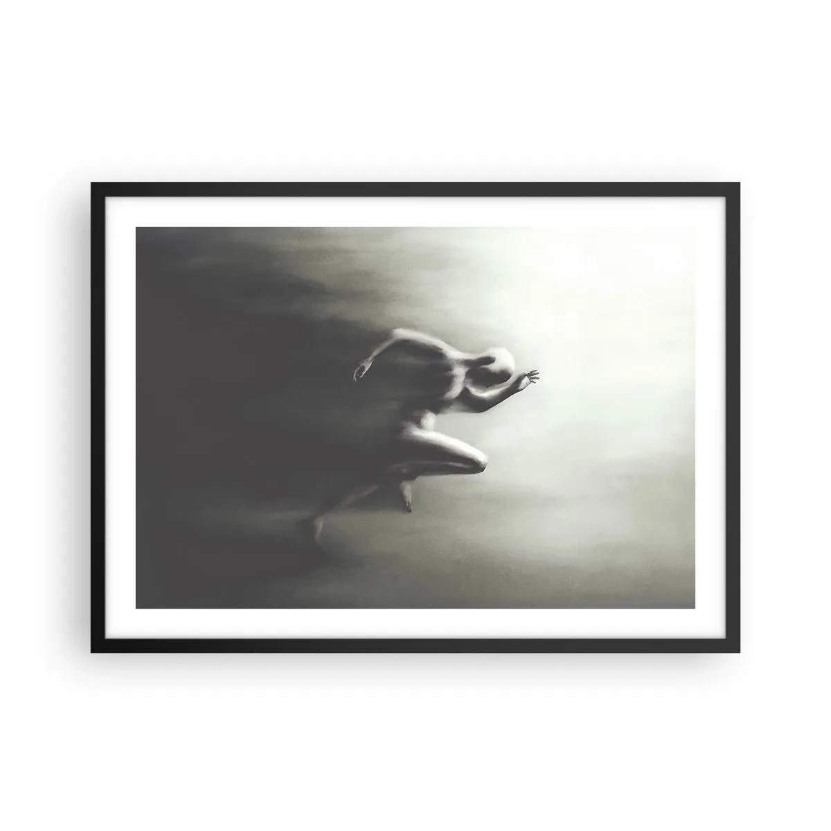 Plakat w czarnej ramie - Czarno-biała sylwetka biegnącej postaci w dynamicznym i surrealistycznym stylu - 70x50cm - Niepowstrzymany - Nowoczesna dekoracja ścienna do salonu i sypialni ARTTOR