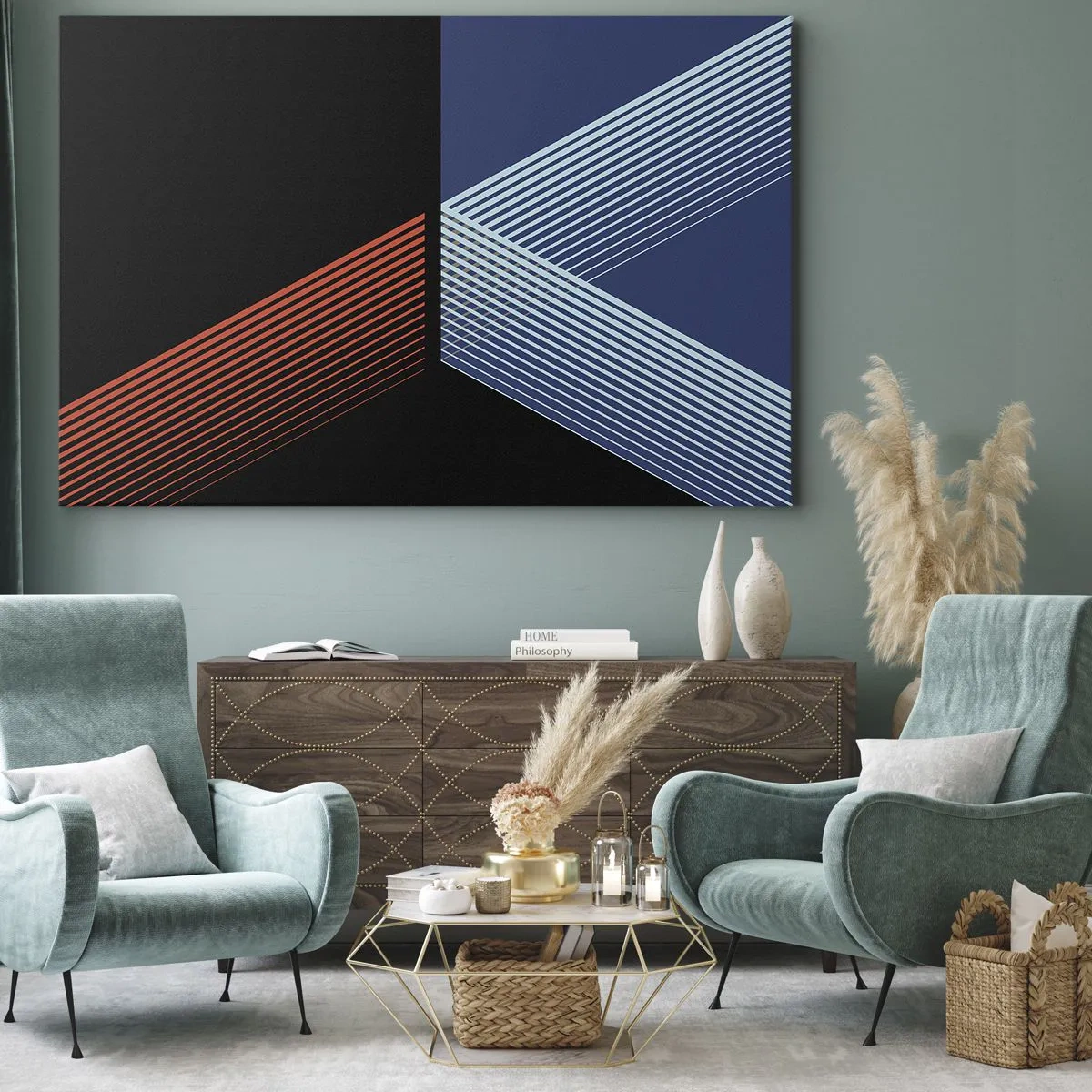 Obraz na płótnie - Geometryczne linie w odcieniach czerwieni i błękitu - 70x50cm - Prosta historia - Nowoczesna dekoracja ścienna do salonu i sypialni ARTTOR