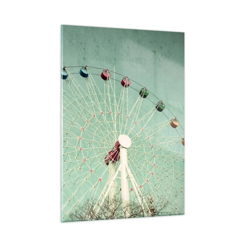 Obraz na szkle - Kolorowy diabelski młyn na tle pastelowej zieleni - 50x70cm - Zapraszamy do zabawy - Nowoczesna dekoracja ścienna do salonu, kuchni i sypialni ARTTOR