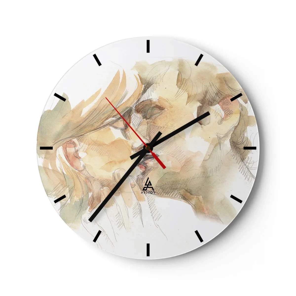 Zegar ścienny - Akwarelowy portret całującej się pary w pastelowych odcieniach - 30x30cm - Odnaleziona połowa? - Nowoczesna dekoracja ścienna do salonu, kuchni i sypialni ARTTOR