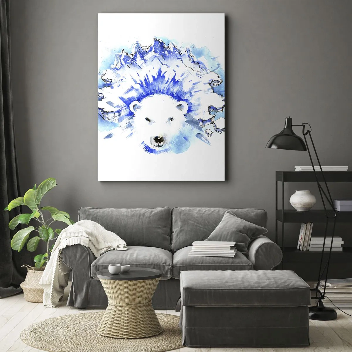Obraz na płótnie - Niedźwiedź polarny w dynamicznej artystycznej kompozycji z niebieskimi akcentami - 50x70cm - Król Arktyki w lodowej koronie - Nowoczesna dekoracja ścienna do salonu, kuchni i sypialni ARTTOR
