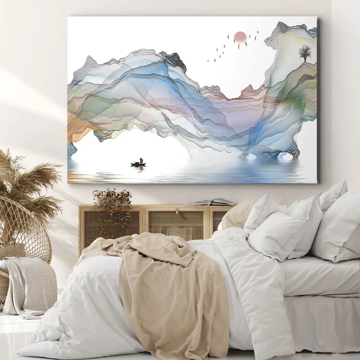 Obraz na płótnie - Subtelny krajobraz z górami, wodą i łódką - 70x50cm - Ku kryształowym górom - Nowoczesna dekoracja ścienna do salonu i sypialni ARTTOR